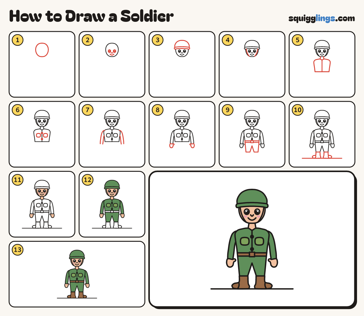 How to Draw a Soldier step by step: all 13 steps in one picture