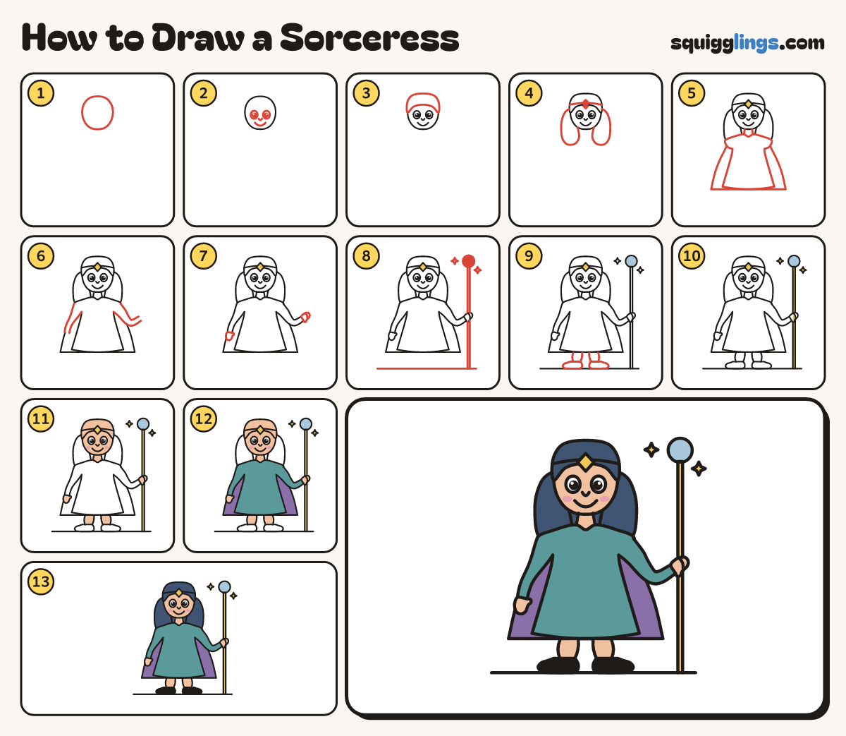 How to Draw a Sorceress step by step: all 13 steps in one picture