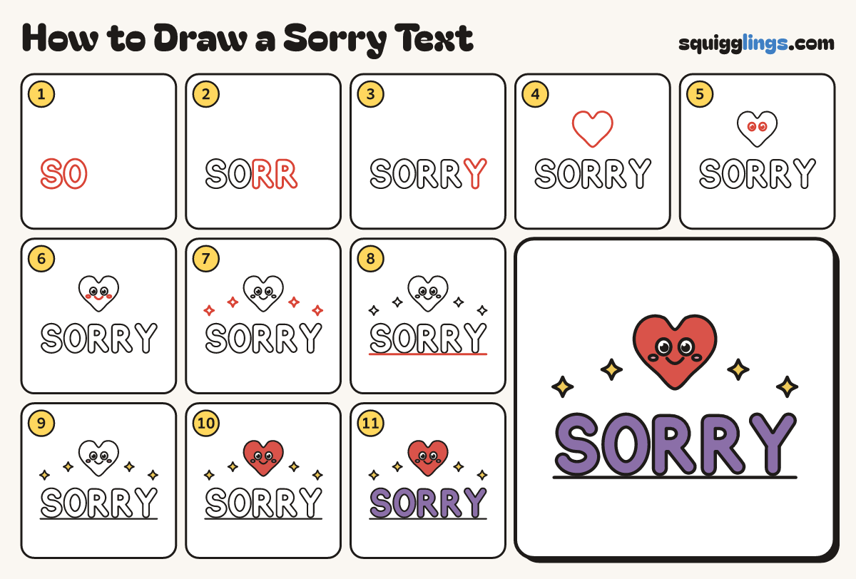 How to Draw a Sorry Text step by step: all 11 steps in one picture