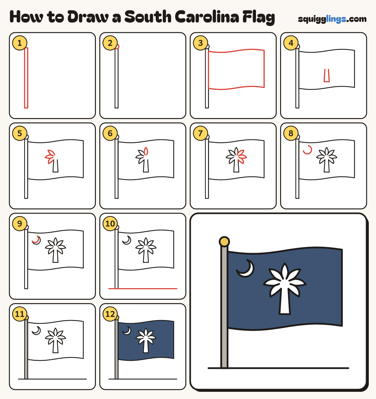 How to Draw a South Carolina Flag step by step: all 12 steps in one picture