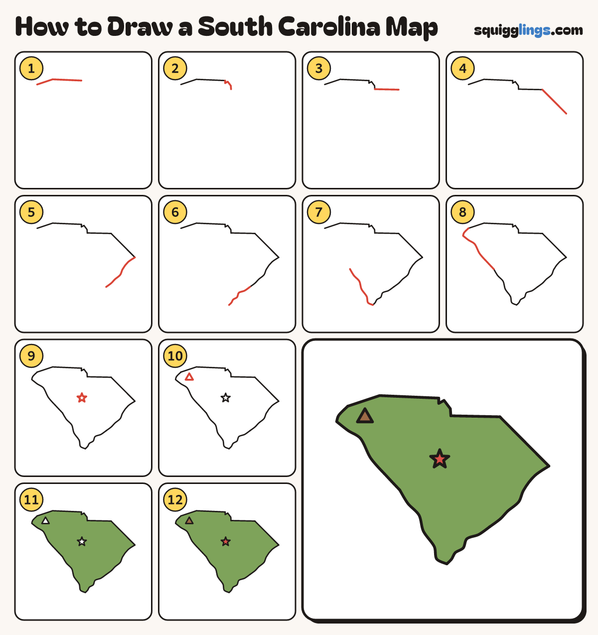 How to Draw a South Carolina Map step by step: all 12 steps in one picture