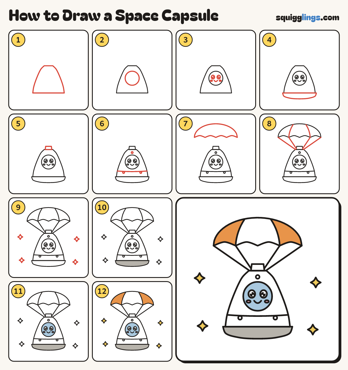 How to Draw a Space Capsule step by step: all 12 steps in one picture