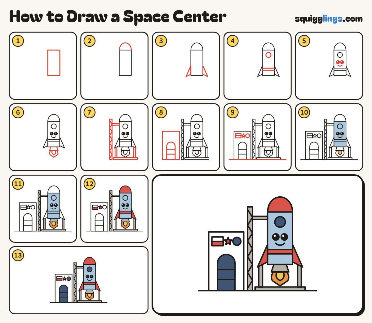 How to Draw a Space Center step by step: all 13 steps in one picture