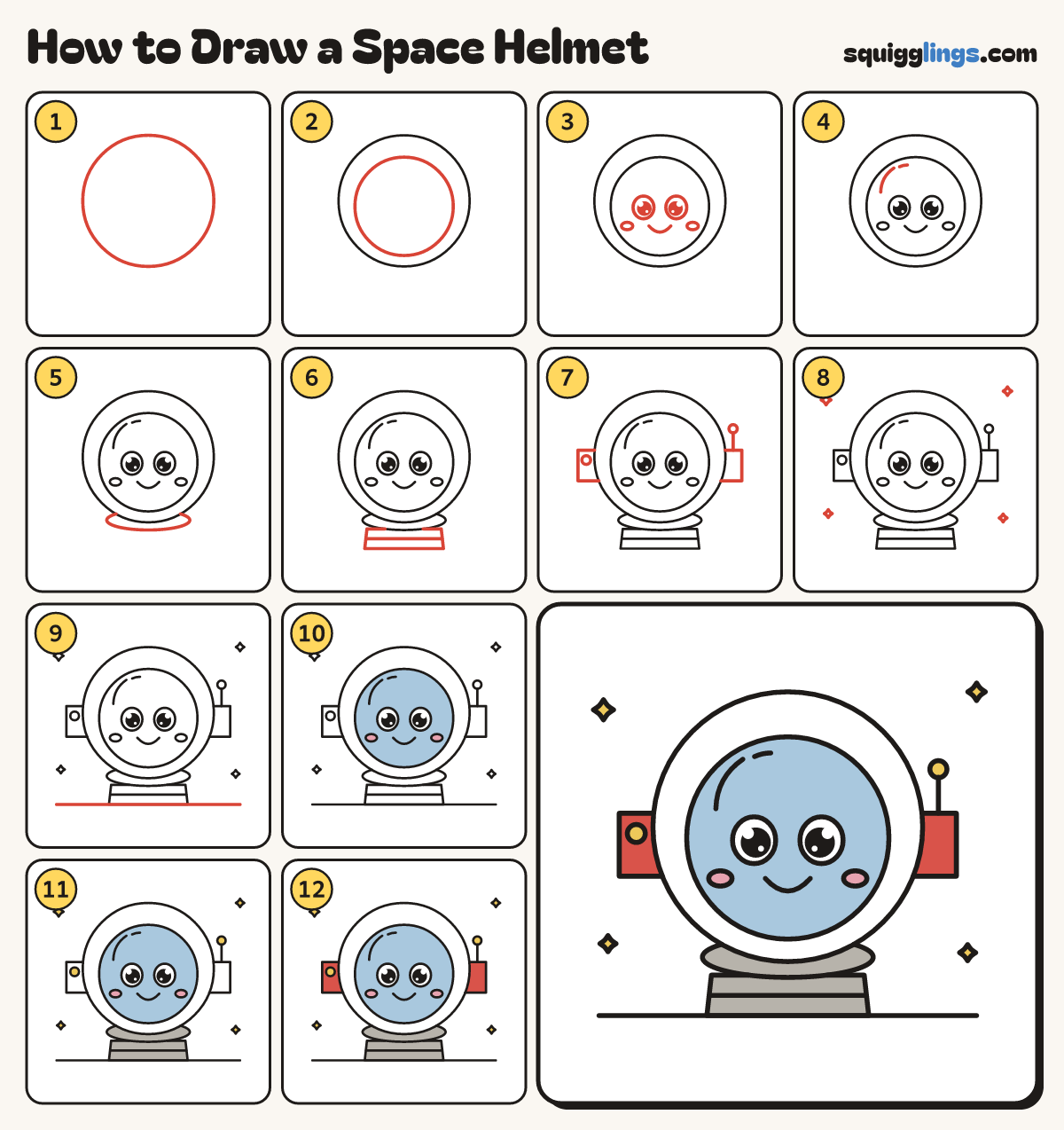 How to Draw a Space Helmet step by step: all 12 steps in one picture