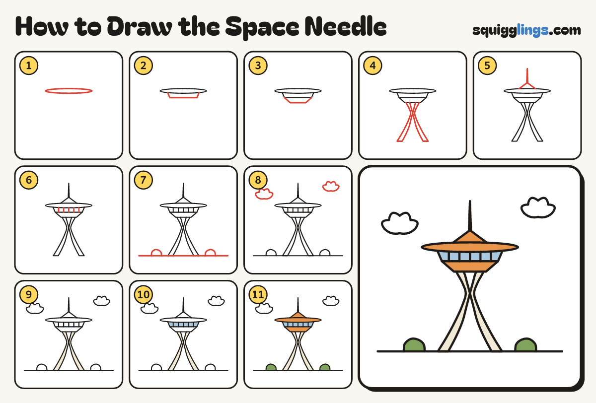 How to Draw the Space Needle step by step: all 11 steps in one picture