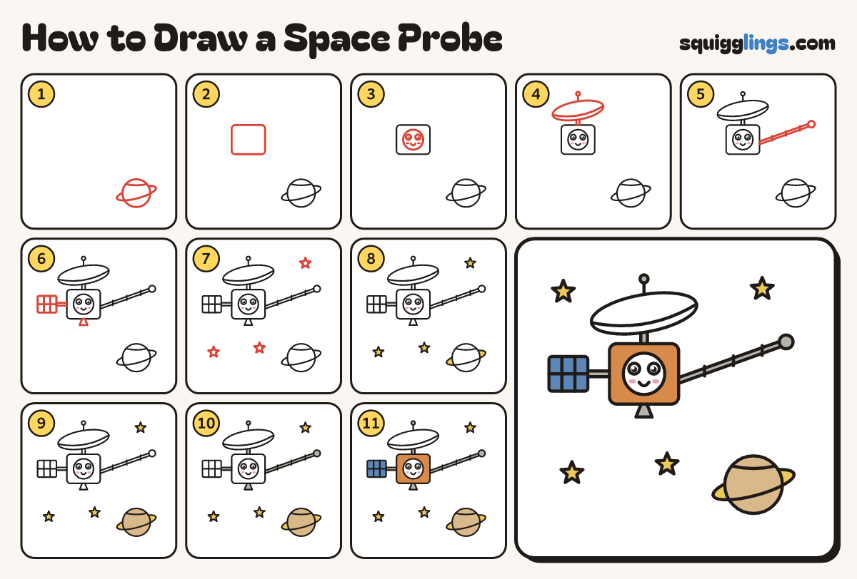 How to Draw a Space Probe step by step: all 11 steps in one picture