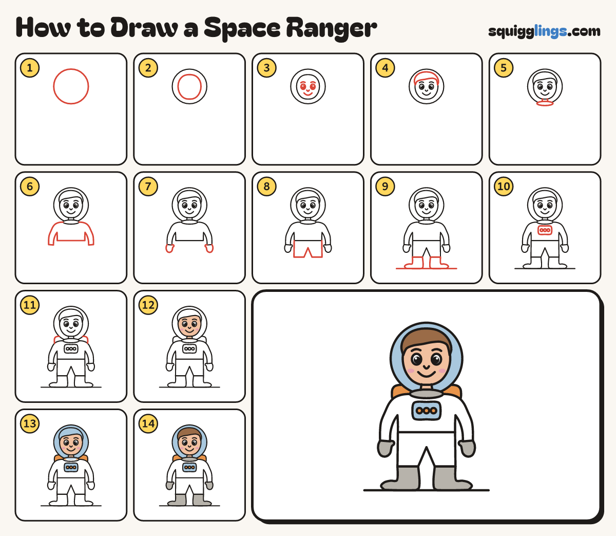 How to Draw a Space Ranger step by step: all 14 steps in one picture