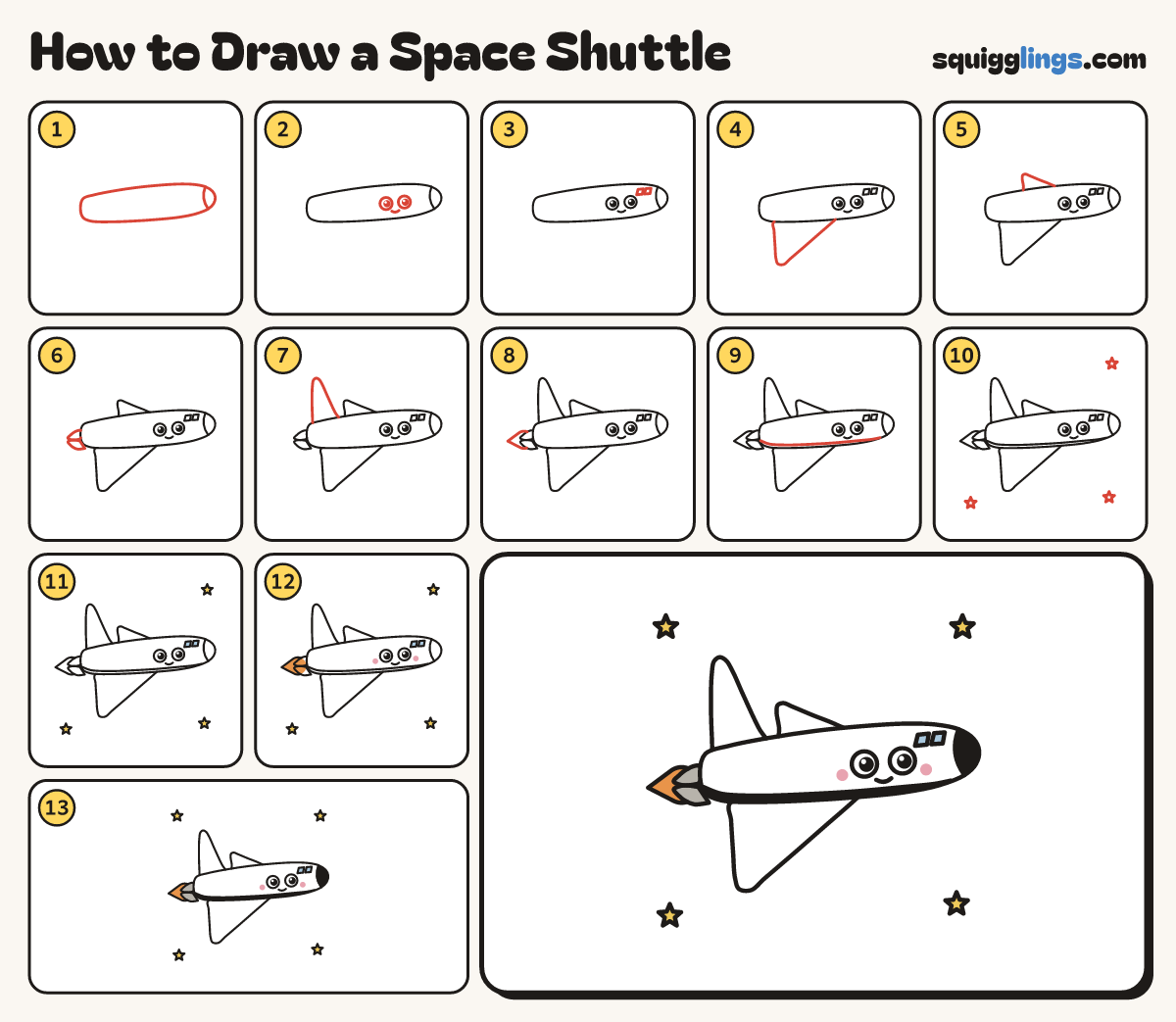 How to Draw a Space Shuttle step by step: all 13 steps in one picture