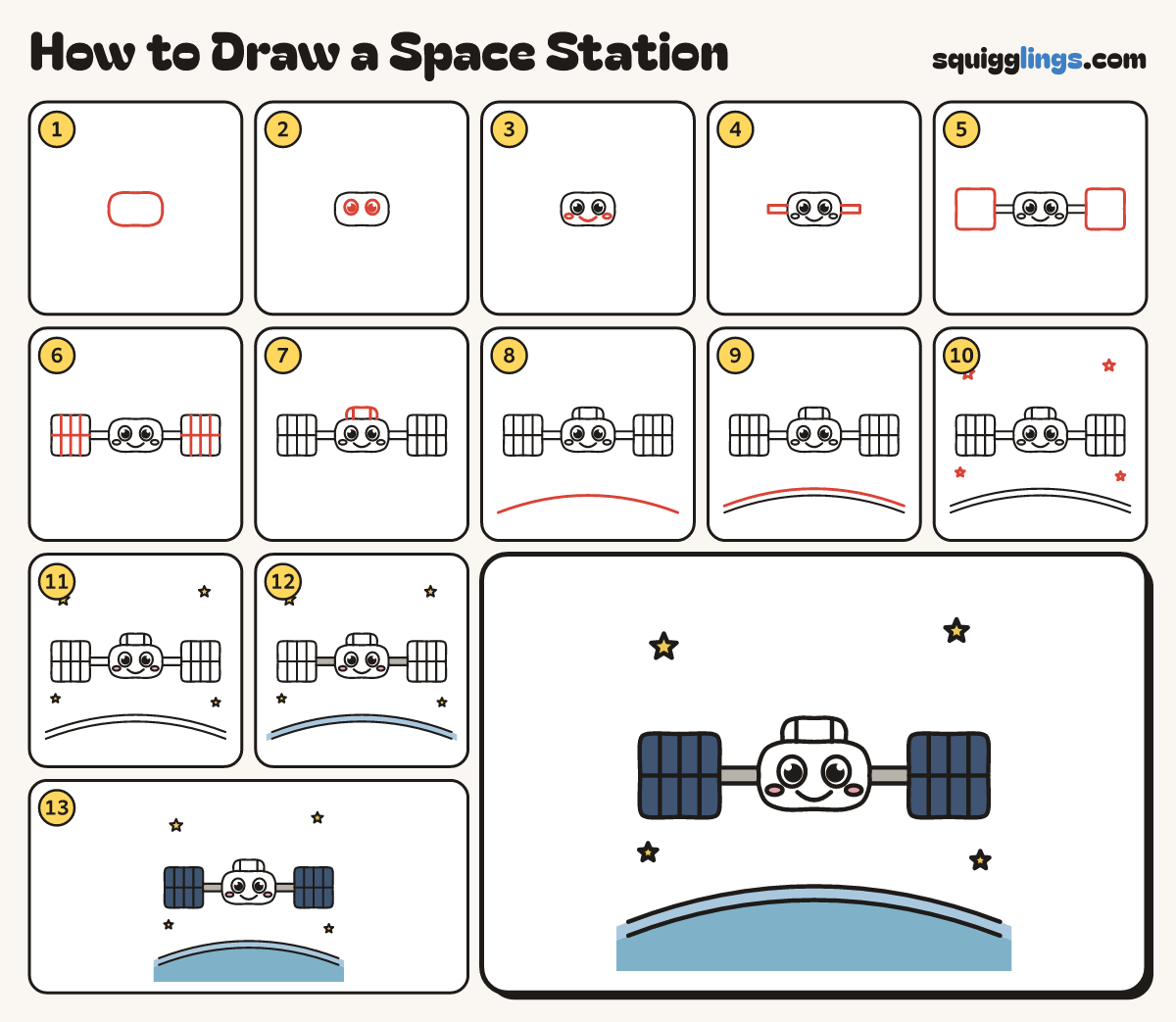 How to Draw a Space Station step by step: all 13 steps in one picture