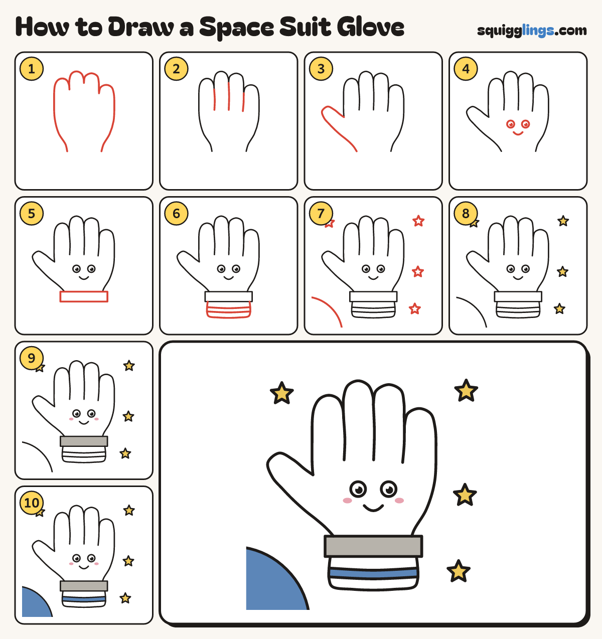How to Draw a Space Suit Glove step by step: all 10 steps in one picture