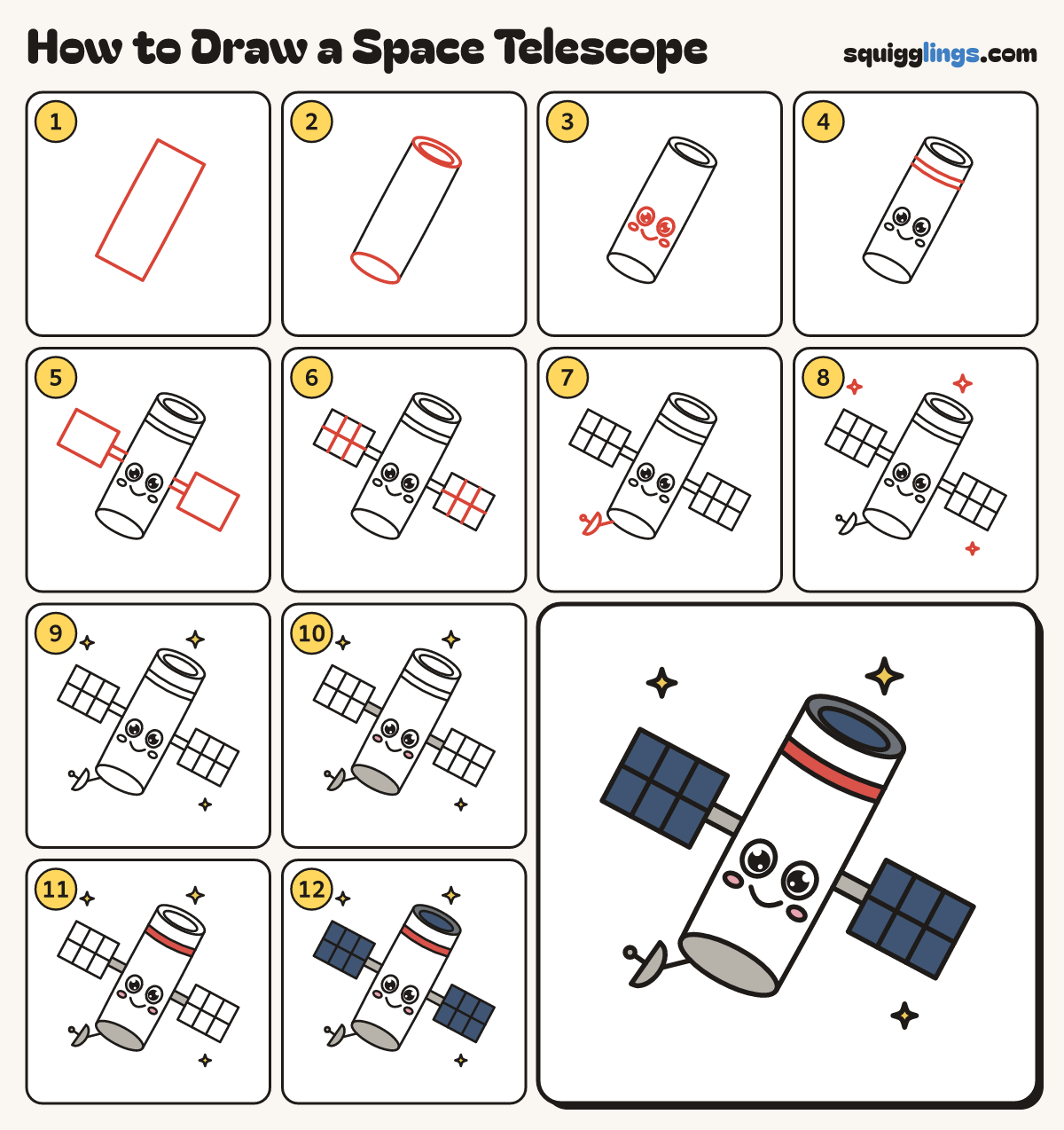 How to Draw a Space Telescope step by step: all 12 steps in one picture