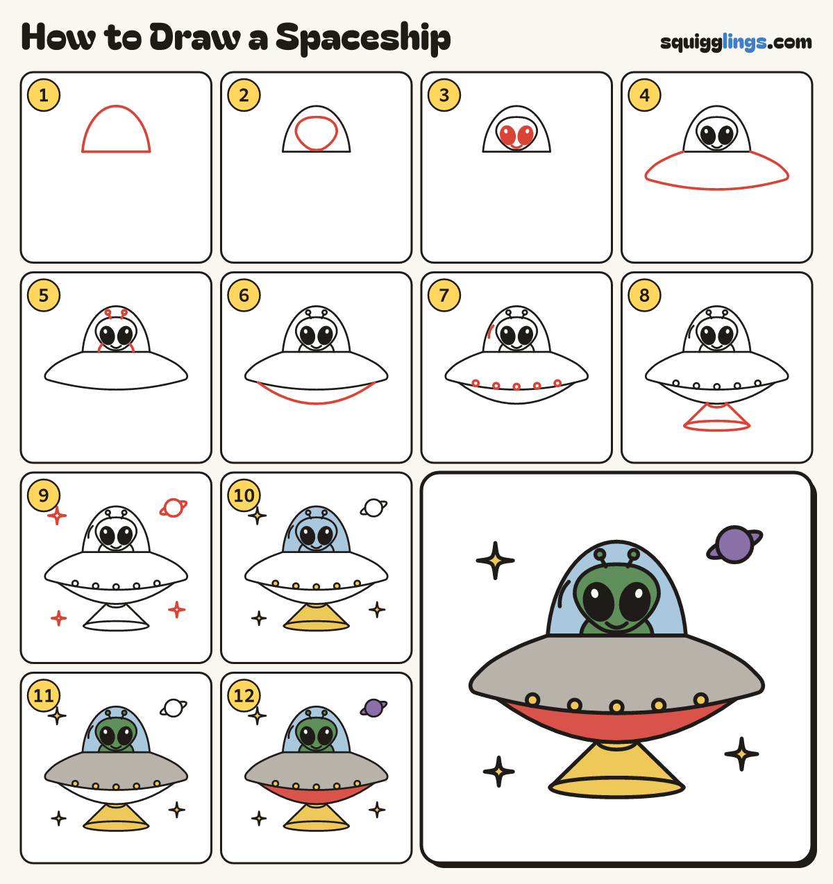 How to Draw a Spaceship step by step: all 12 steps in one picture