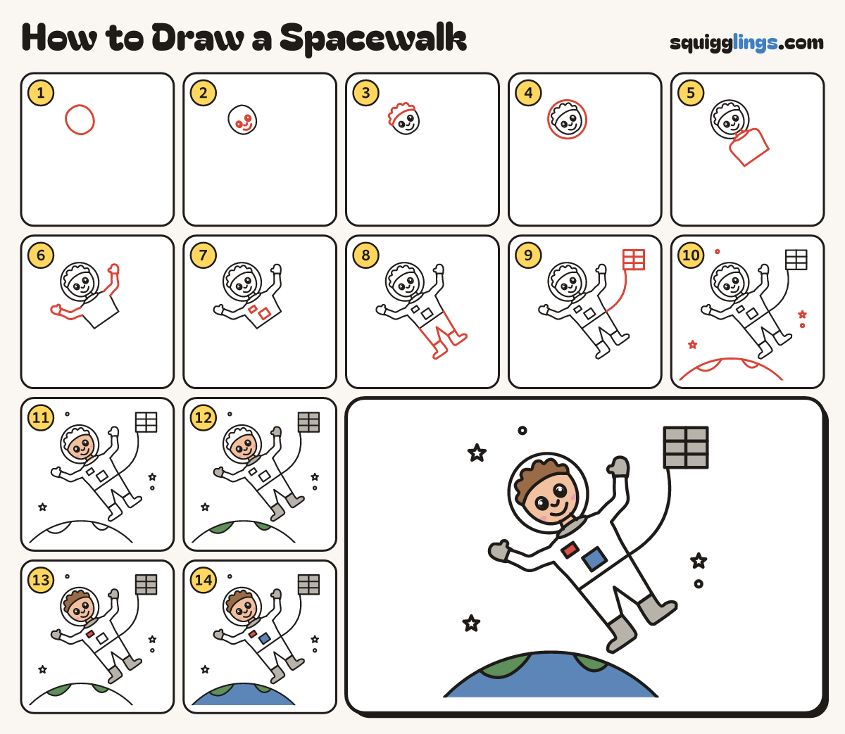 How to Draw a Spacewalk step by step: all 14 steps in one picture