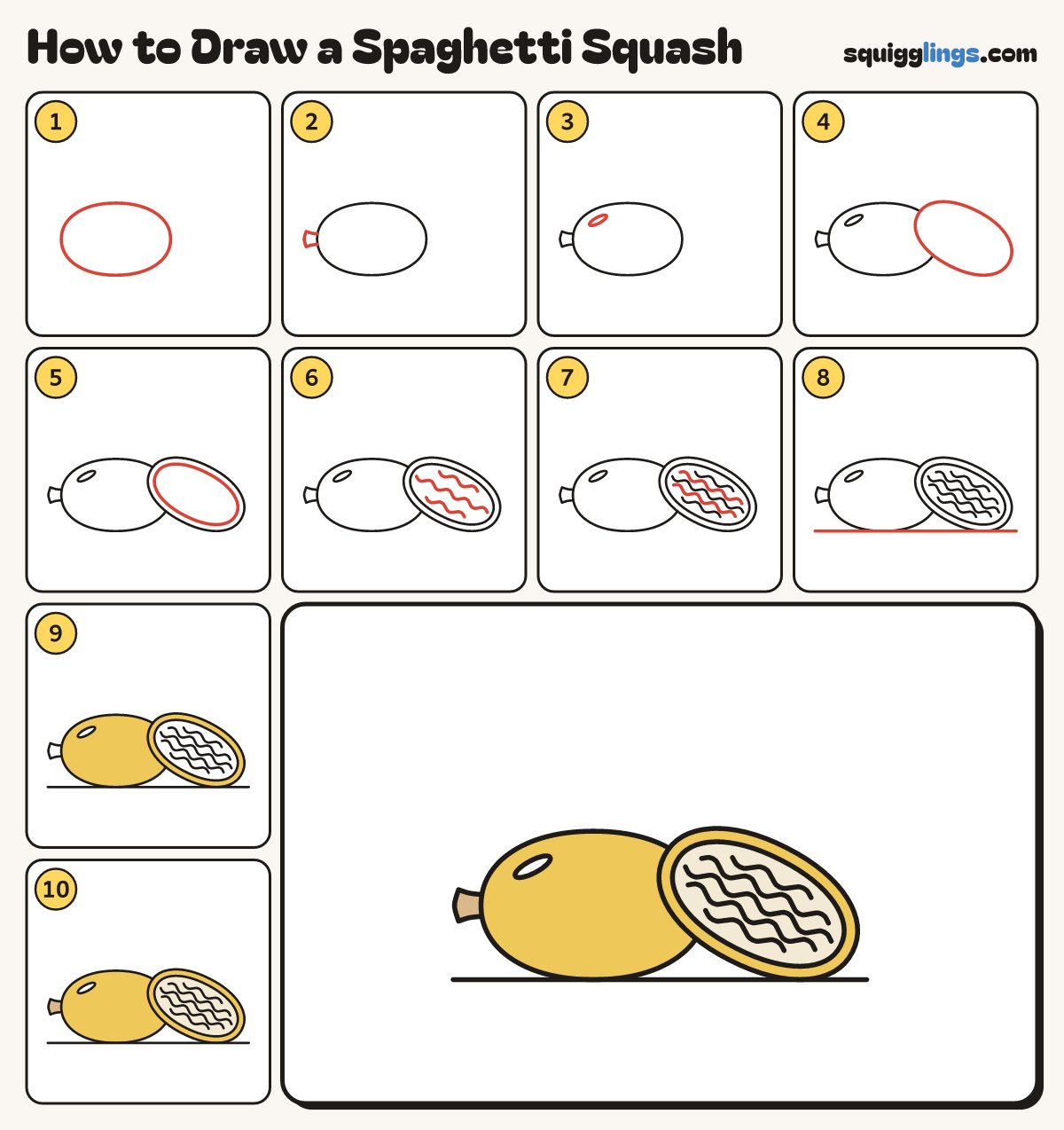 How to Draw a Spaghetti Squash step by step: all 10 steps in one picture