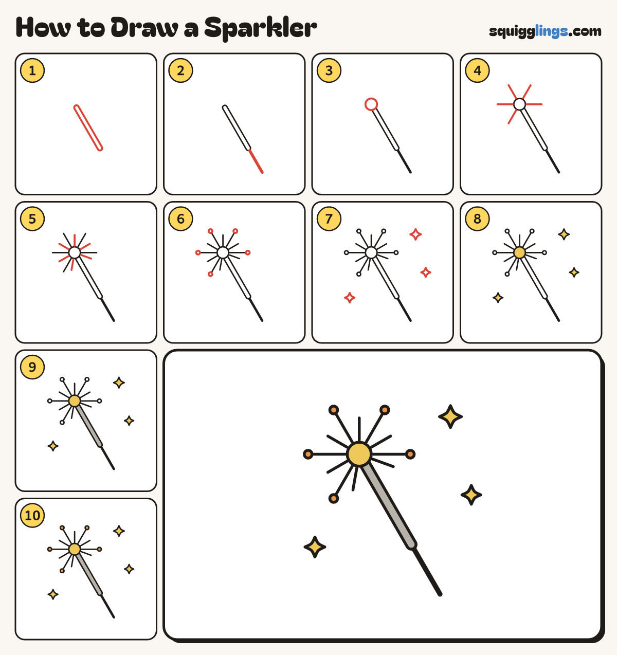 How to Draw a Sparkler step by step: all 10 steps in one picture