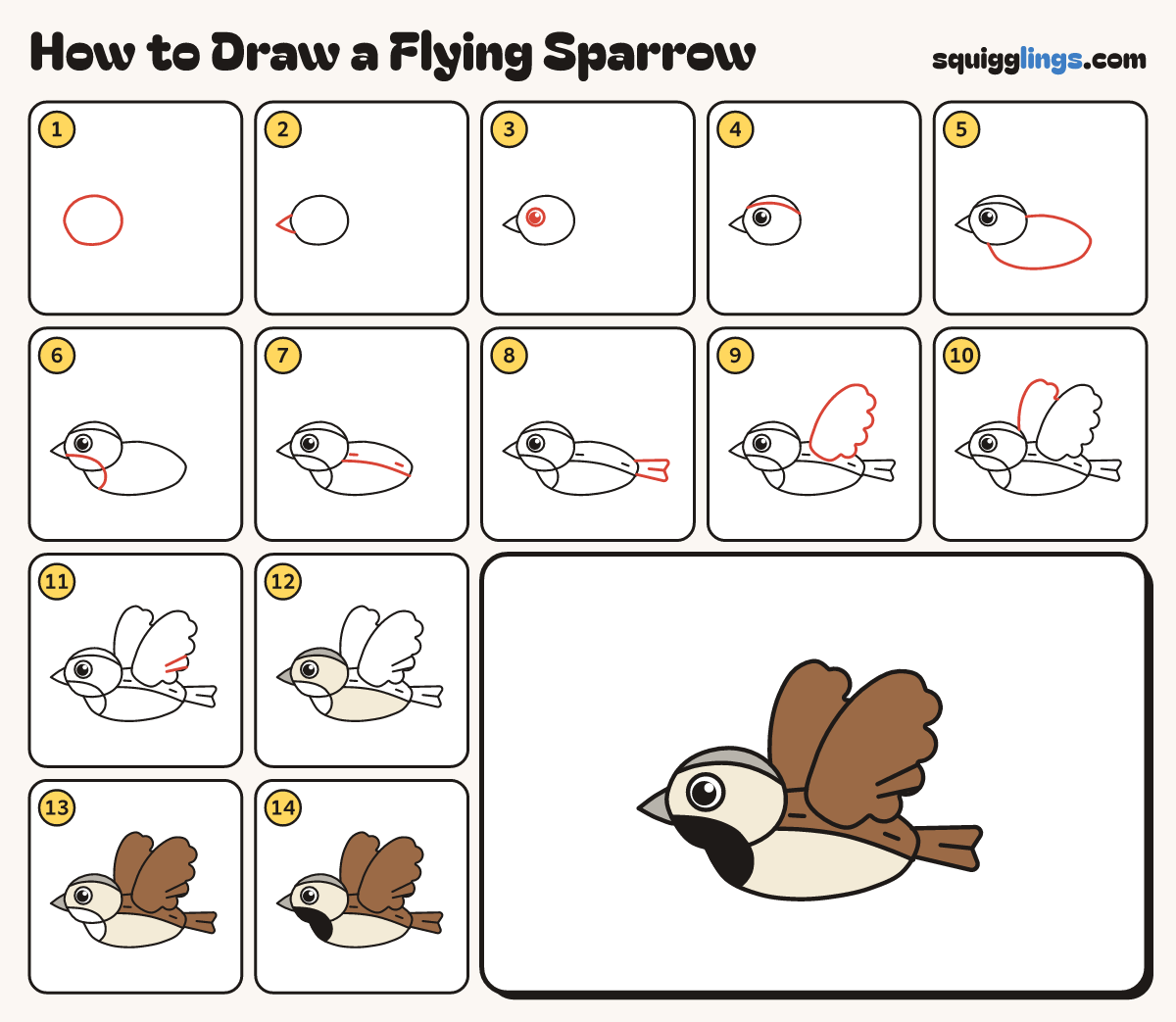 How to Draw a Flying Sparrow step by step: all 14 steps in one picture