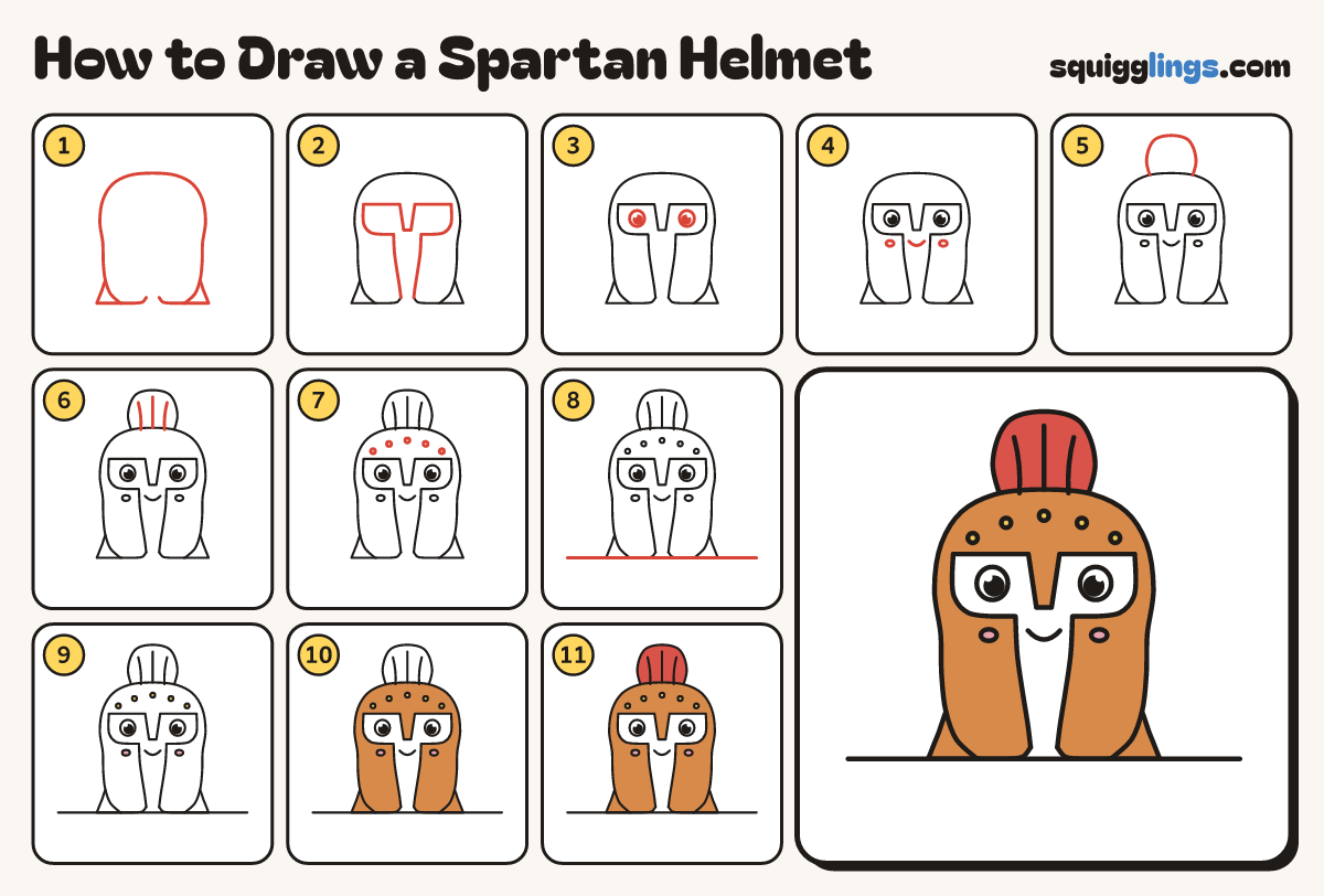 How to Draw a Spartan Helmet step by step: all 11 steps in one picture