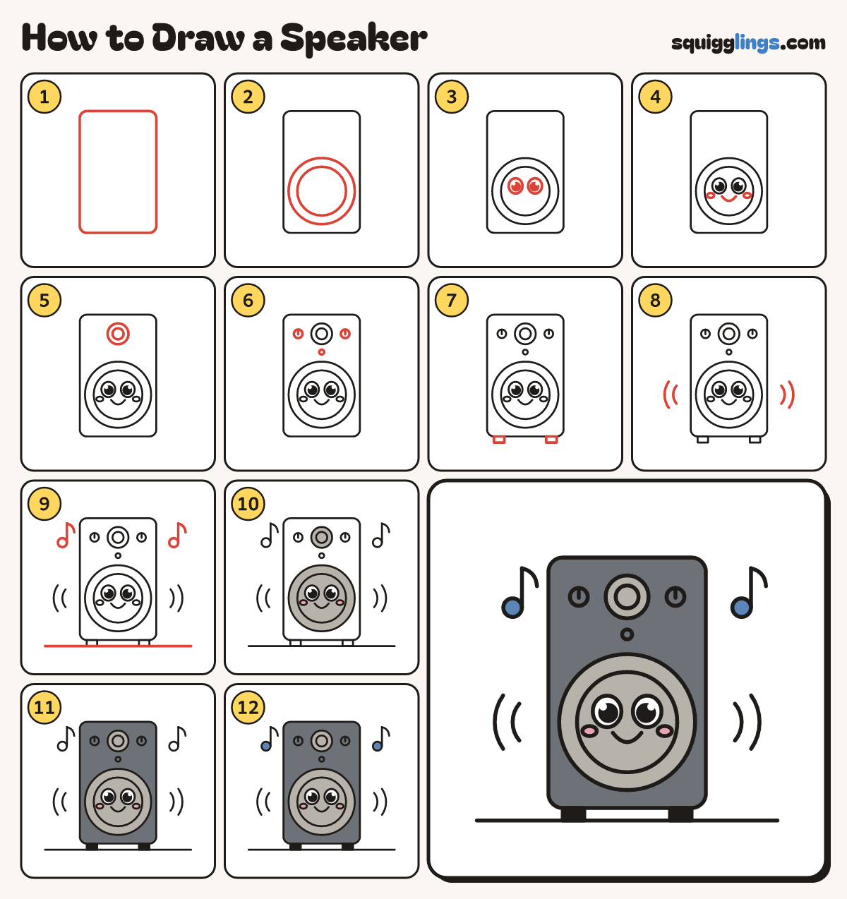 How to Draw a Speaker step by step: all 12 steps in one picture