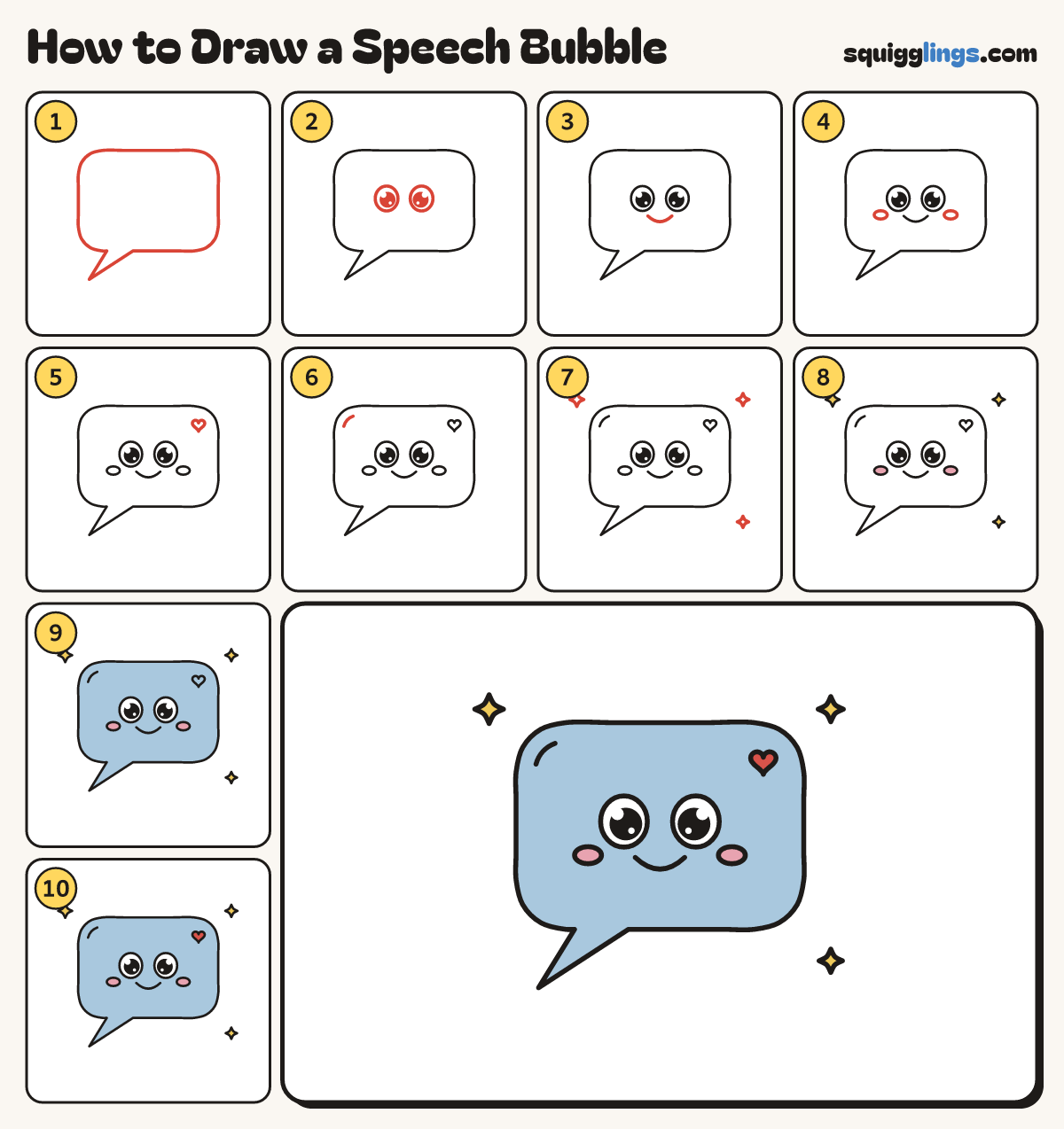 How to Draw a Speech Bubble step by step: all 10 steps in one picture