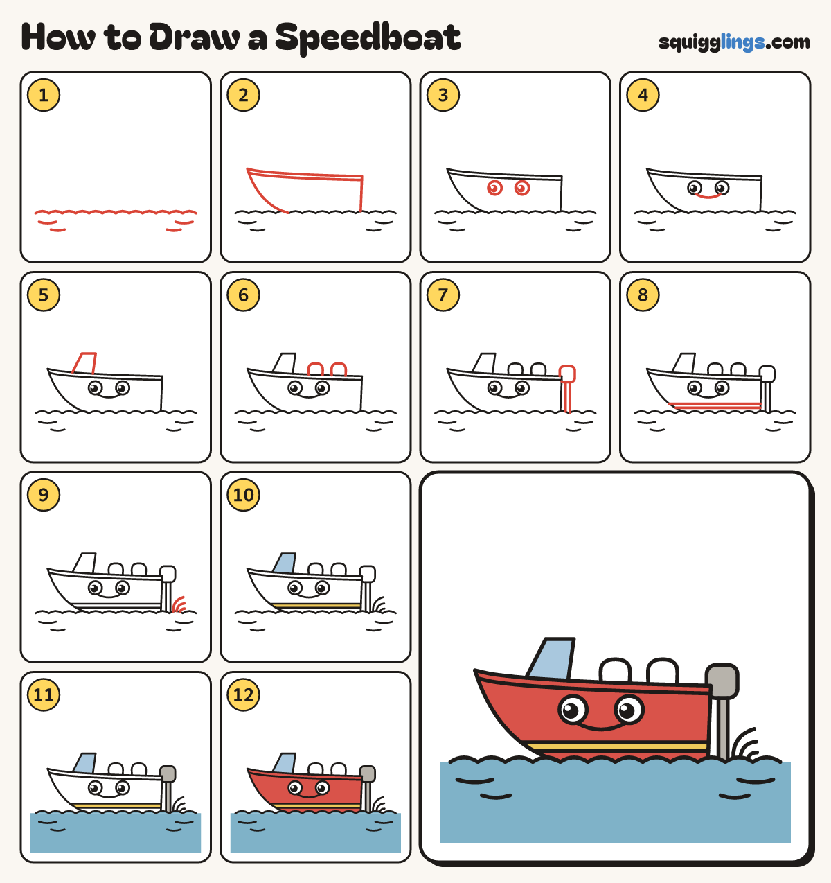 How to Draw a Speedboat step by step: all 12 steps in one picture