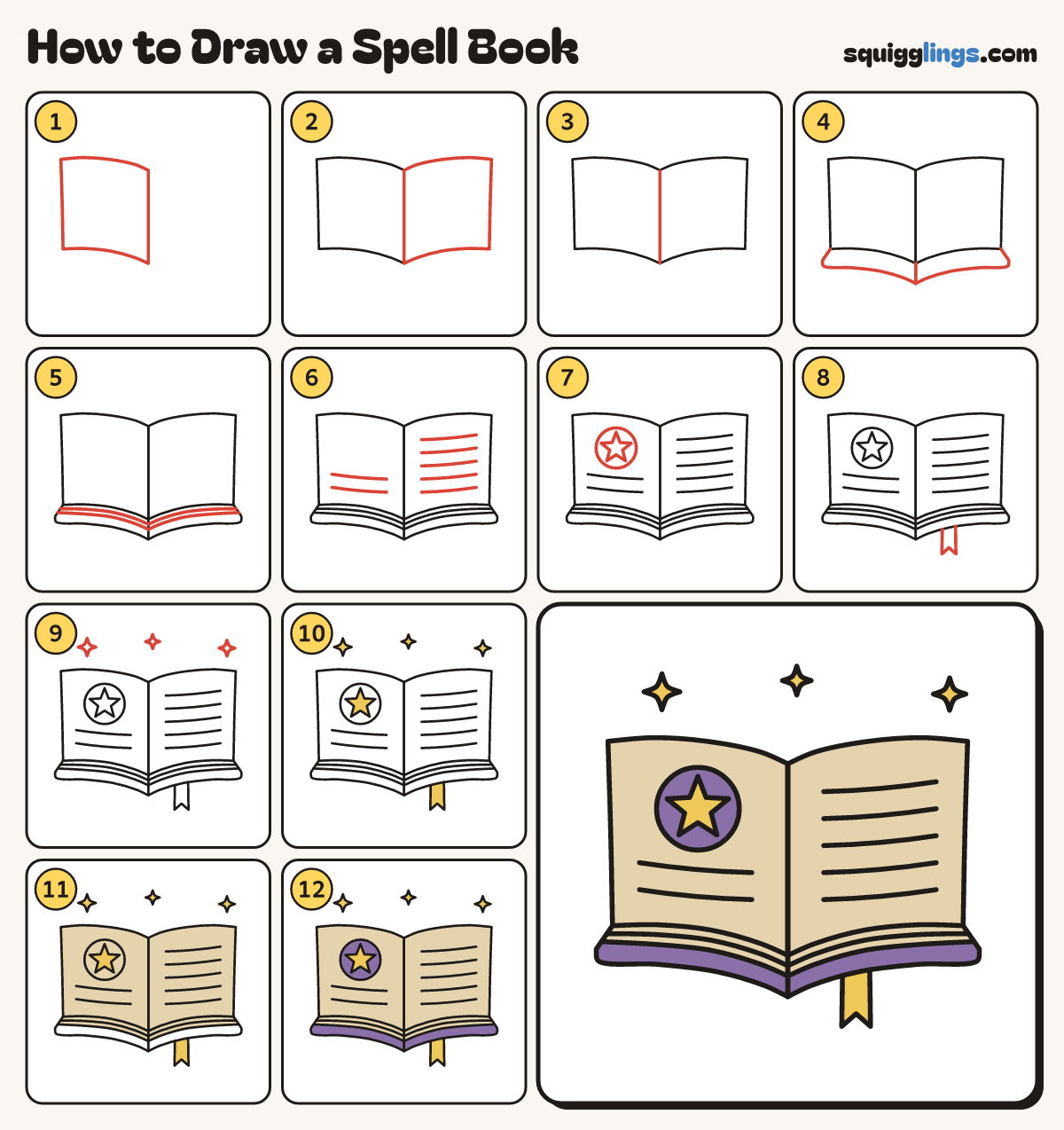 How to Draw a Spell Book step by step: all 12 steps in one picture