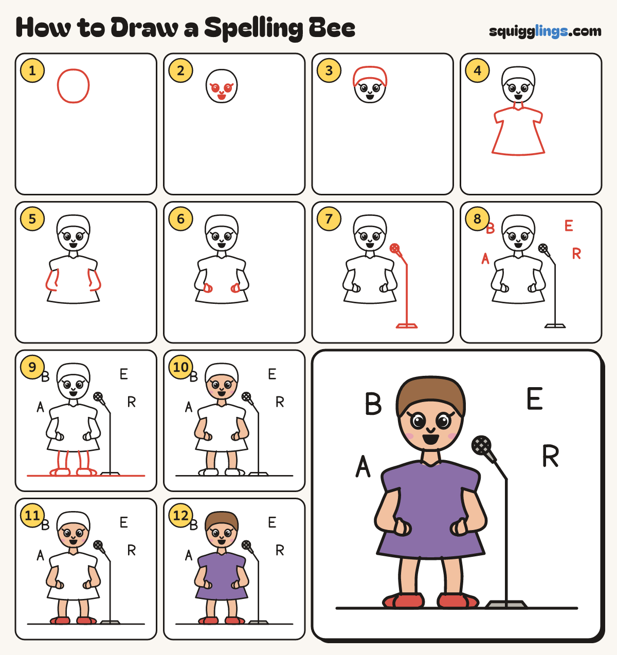 How to Draw a Spelling Bee step by step: all 12 steps in one picture