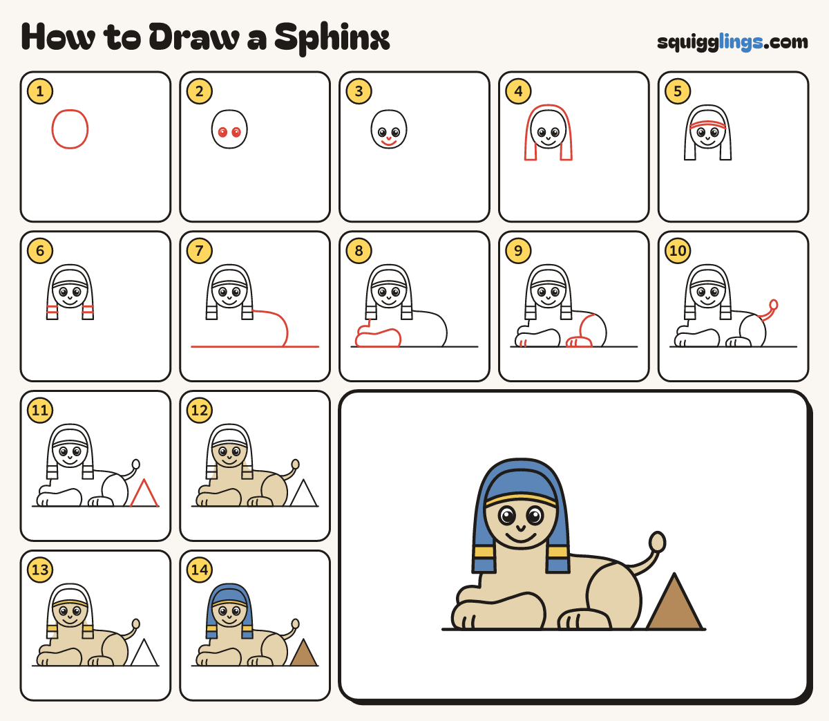 How to Draw a Sphinx step by step: all 14 steps in one picture