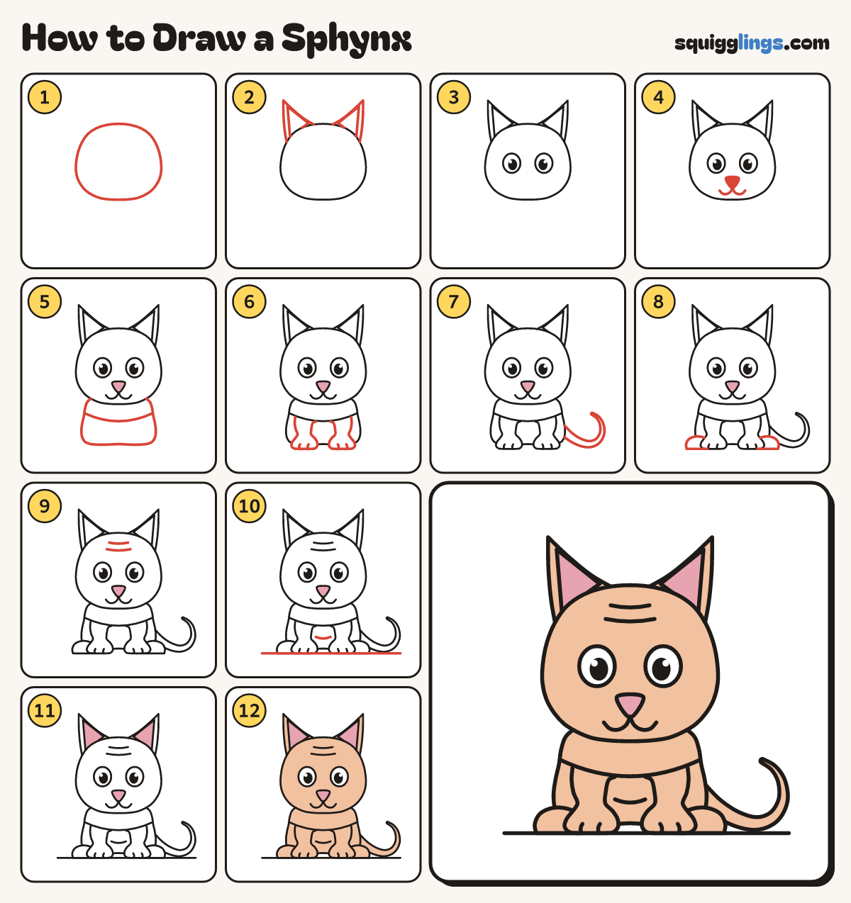 How to Draw a Sphynx step by step: all 12 steps in one picture
