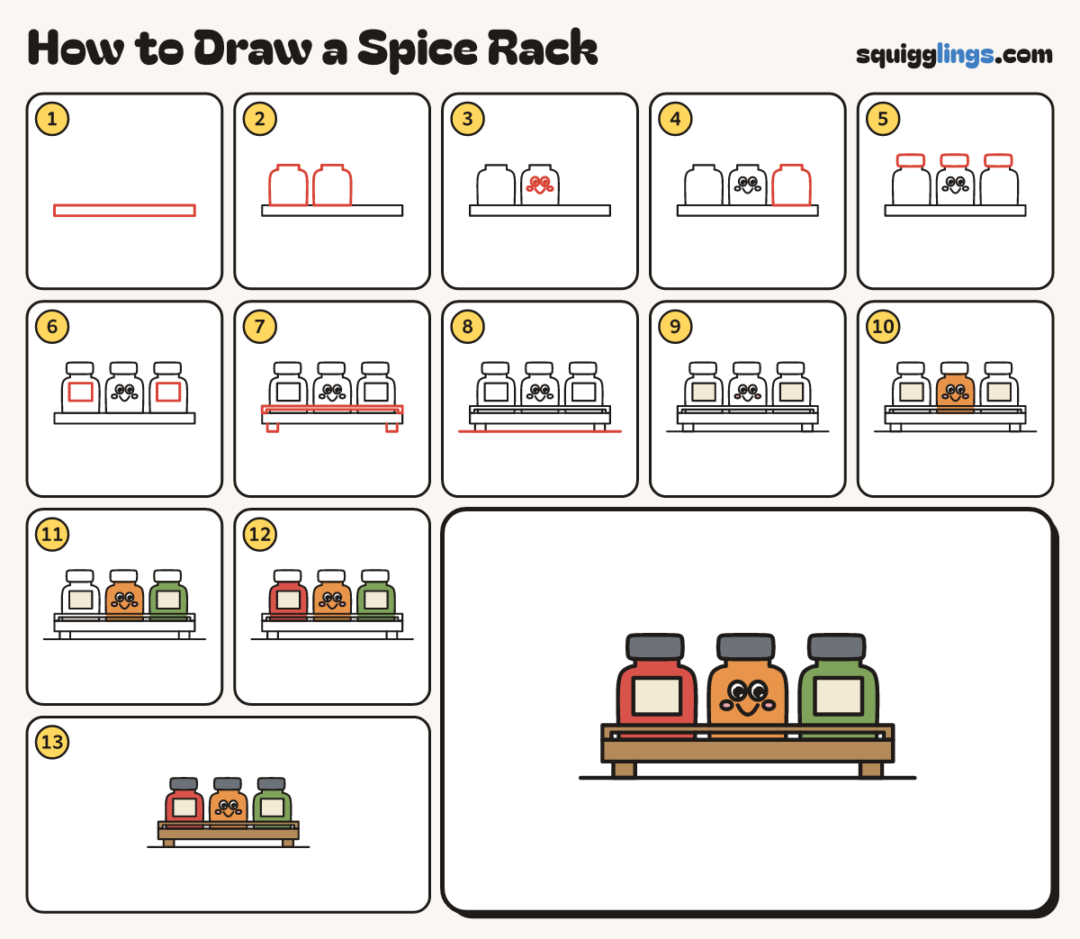 How to Draw a Spice Rack step by step: all 13 steps in one picture
