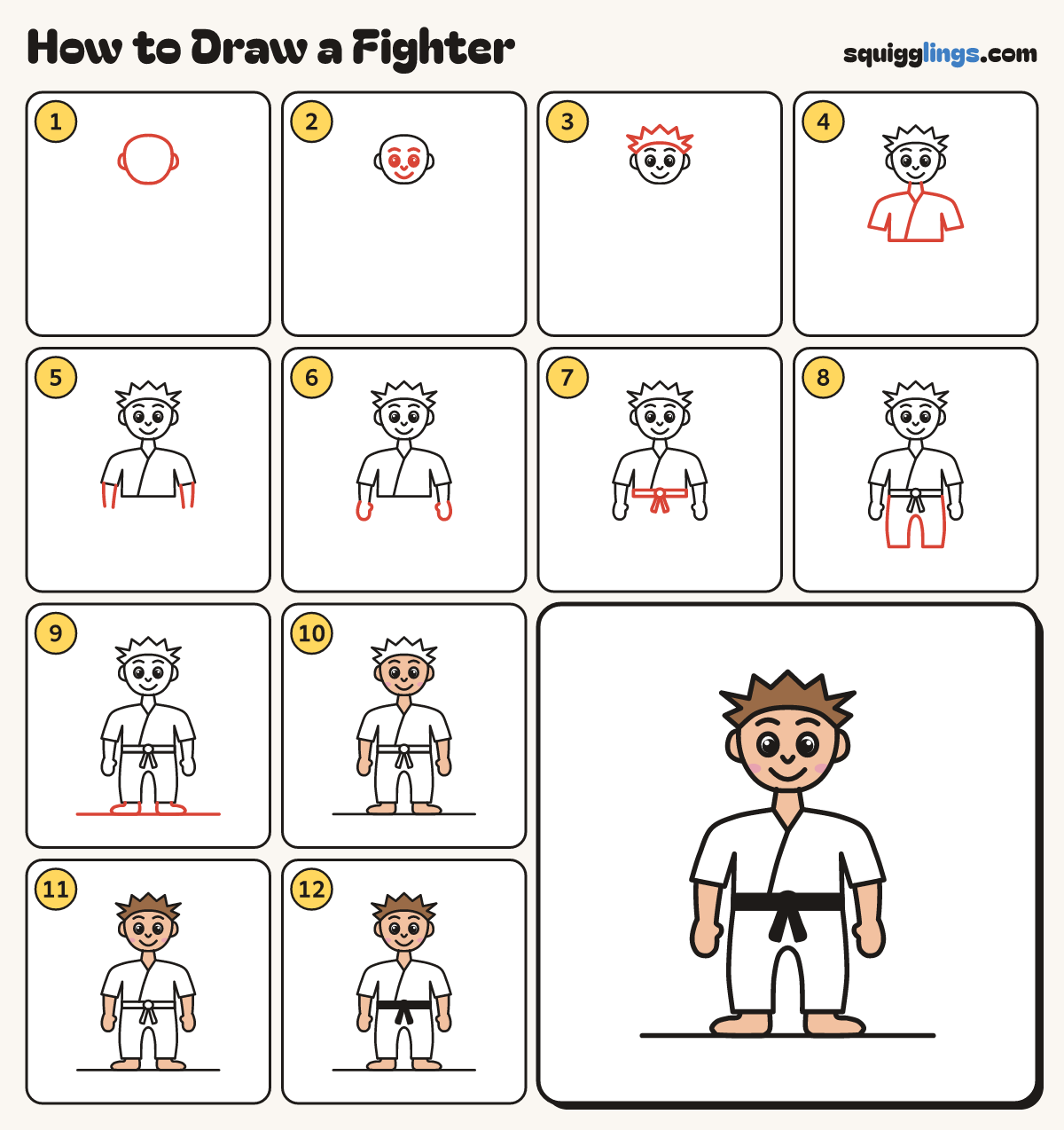 How to Draw a Fighter step by step: all 12 steps in one picture