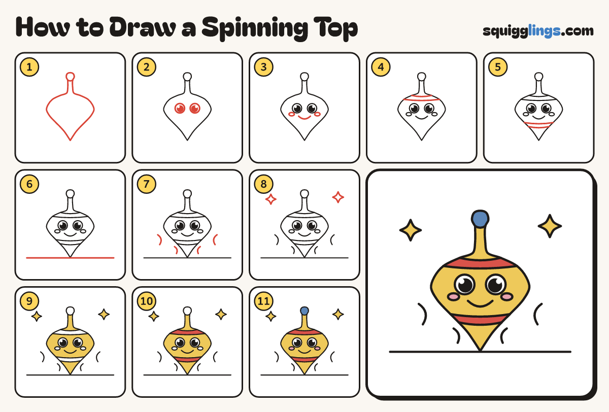 How to Draw a Spinning Top step by step: all 11 steps in one picture