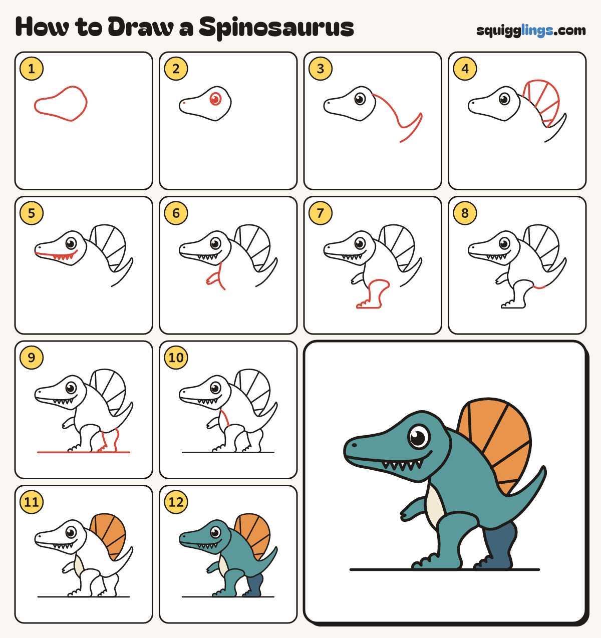 How to Draw a Spinosaurus step by step: all 12 steps in one picture