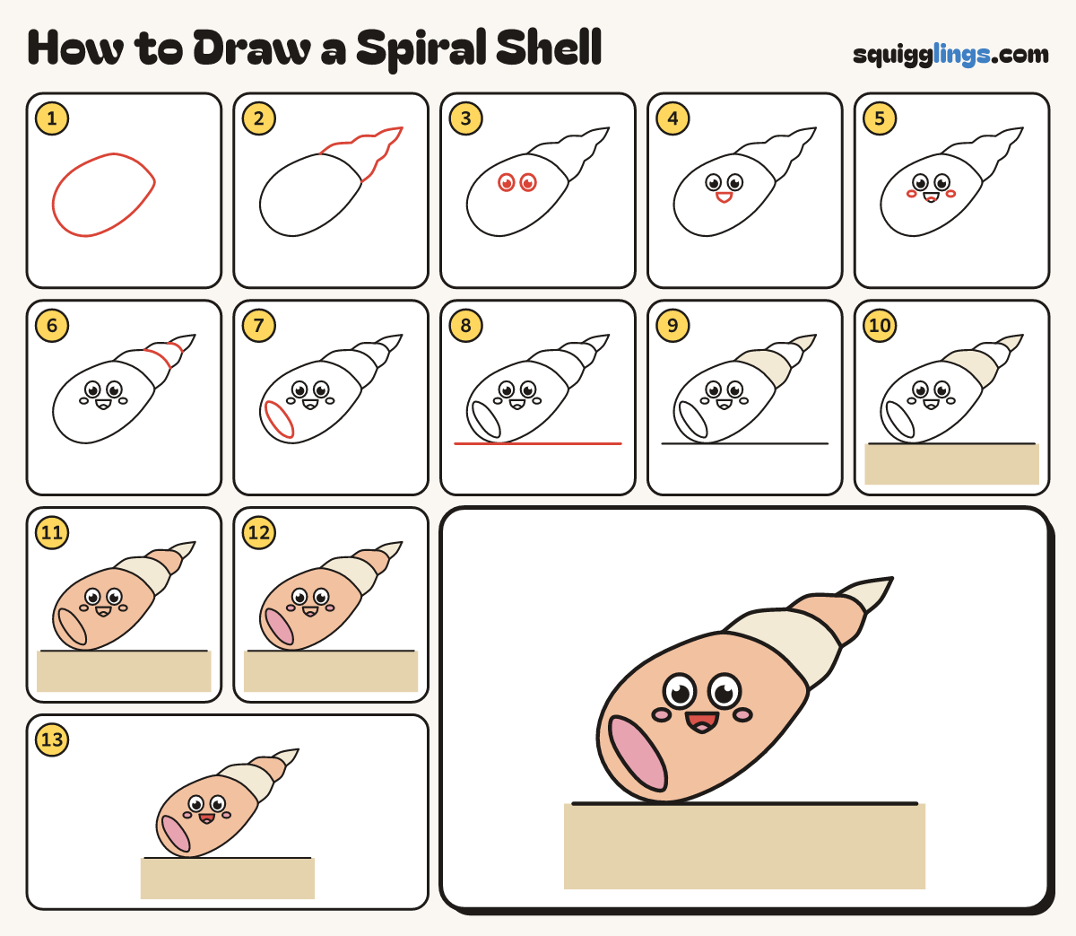 How to Draw a Spiral Shell step by step: all 13 steps in one picture