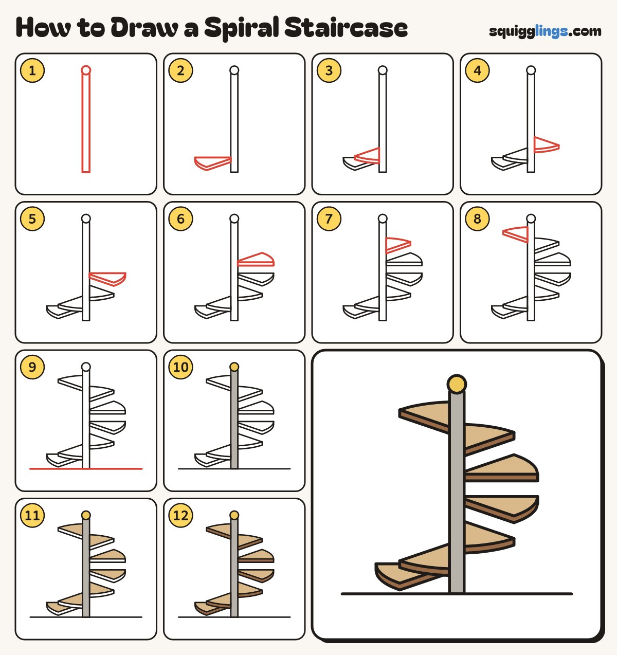 How to Draw a Spiral Staircase step by step: all 12 steps in one picture