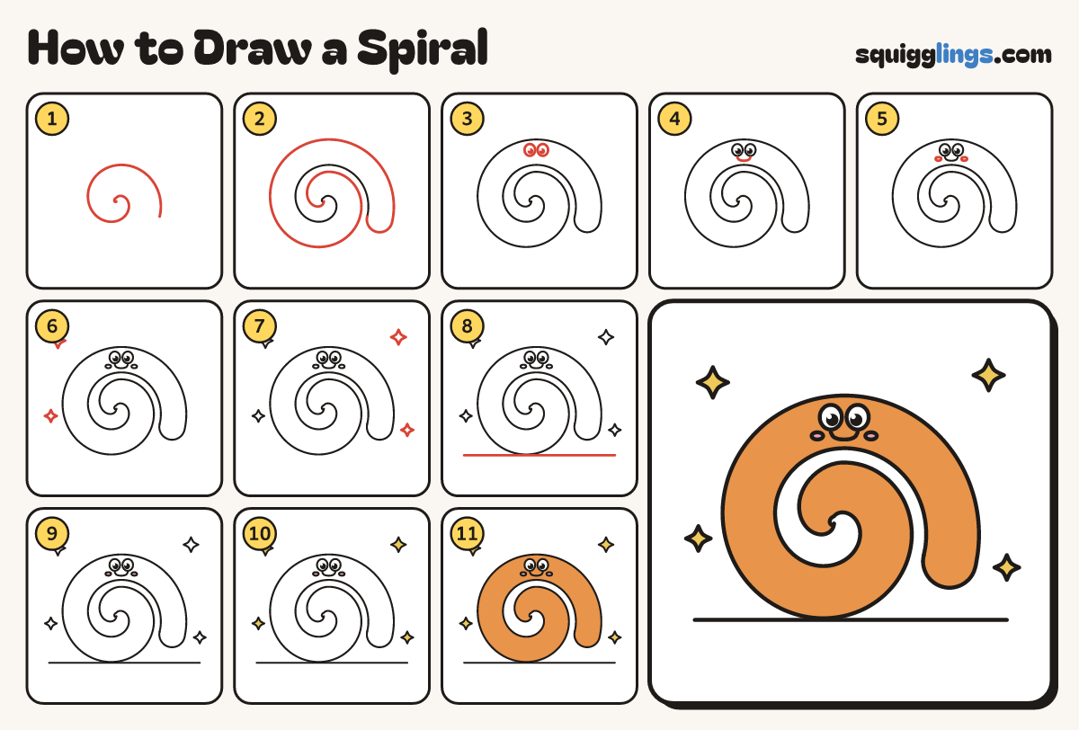 How to Draw a Spiral step by step: all 11 steps in one picture