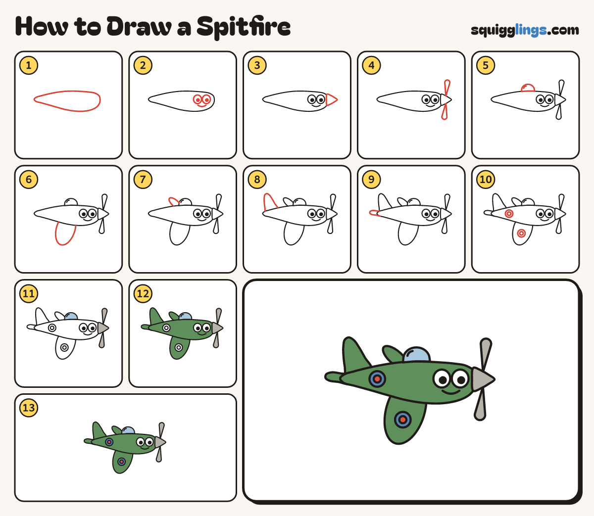 How to Draw a Spitfire step by step: all 13 steps in one picture