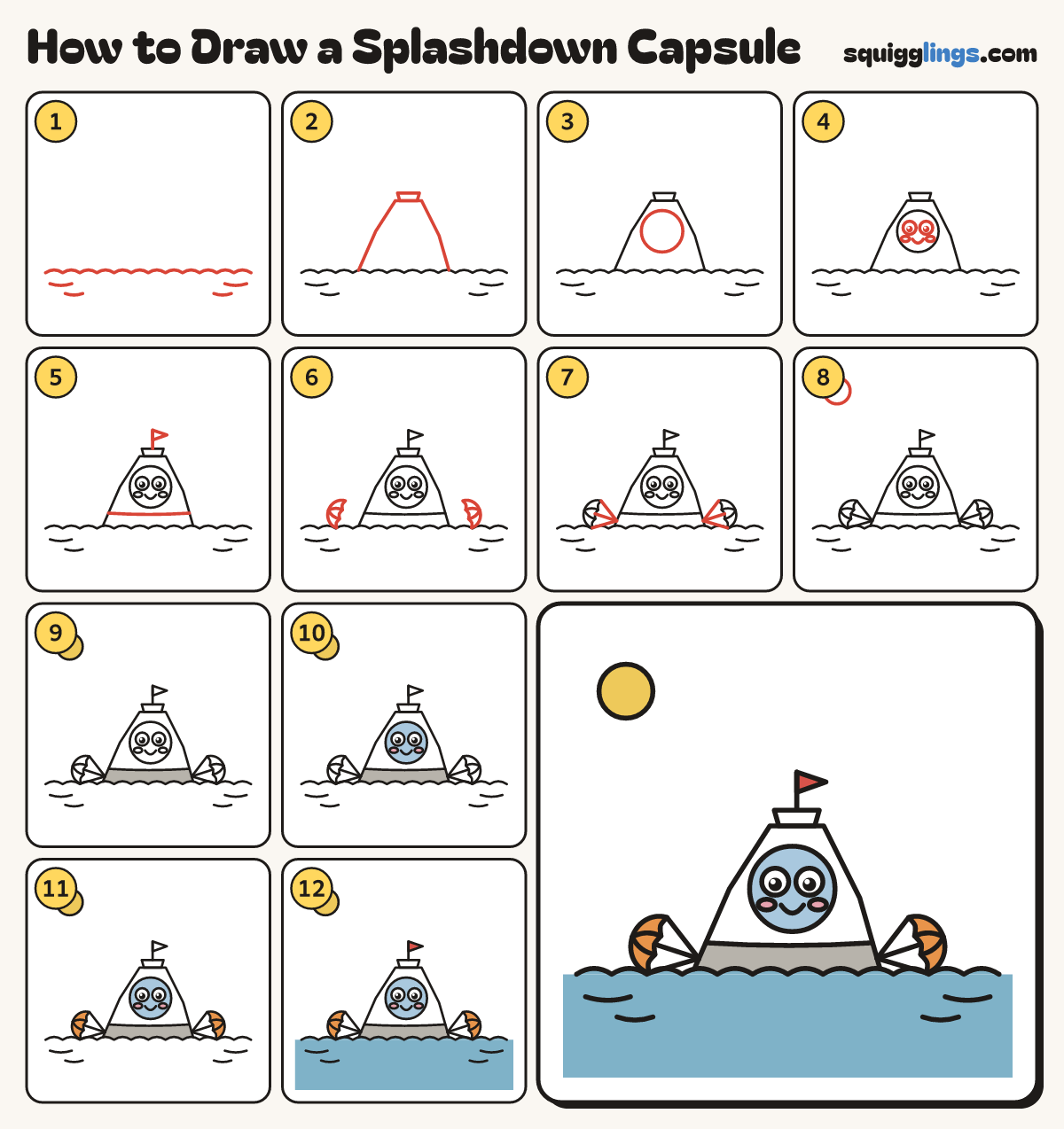 How to Draw a Splashdown Capsule step by step: all 12 steps in one picture