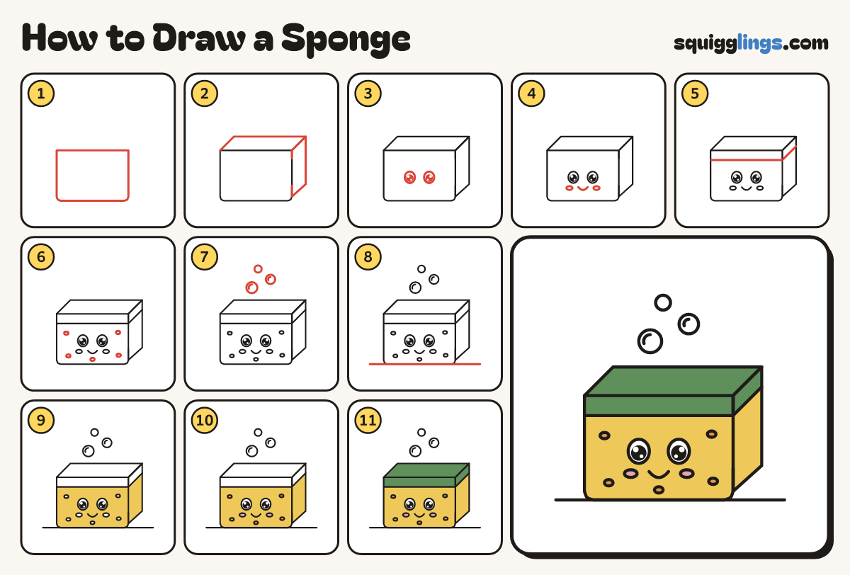 How to Draw a Sponge step by step: all 11 steps in one picture