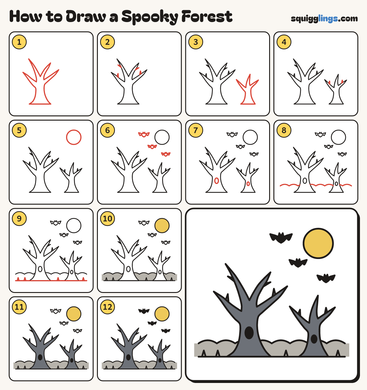 How to Draw a Spooky Forest step by step: all 12 steps in one picture