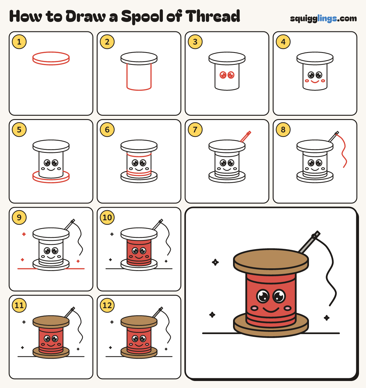 How to Draw a Spool of Thread step by step: all 12 steps in one picture