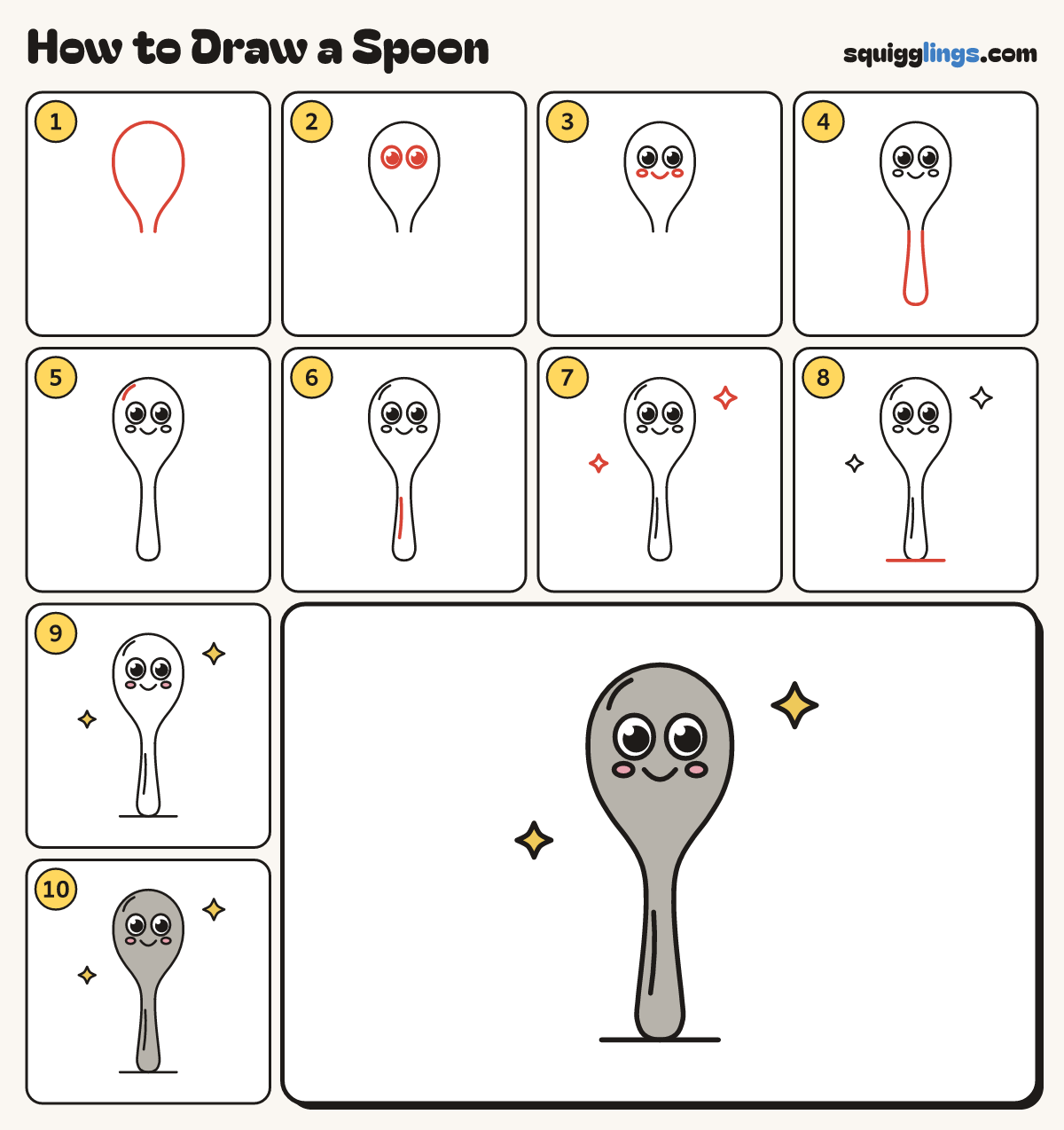 How to Draw a Spoon step by step: all 10 steps in one picture