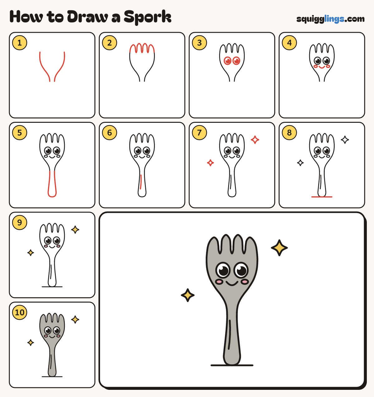 How to Draw a Spork step by step: all 10 steps in one picture