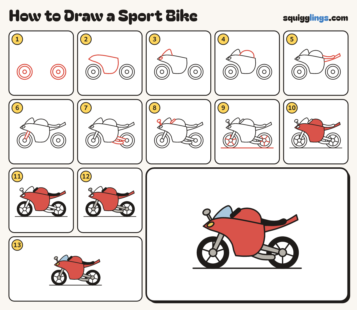 How to Draw a Sport Bike step by step: all 13 steps in one picture