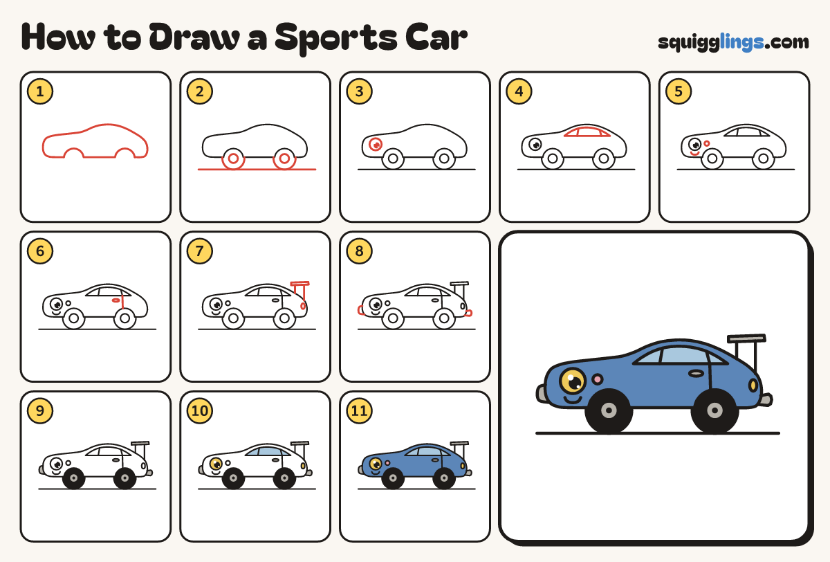 How to Draw a Sports Car step by step: all 11 steps in one picture