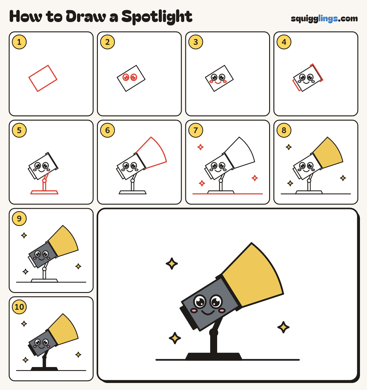 How to Draw a Spotlight step by step: all 10 steps in one picture