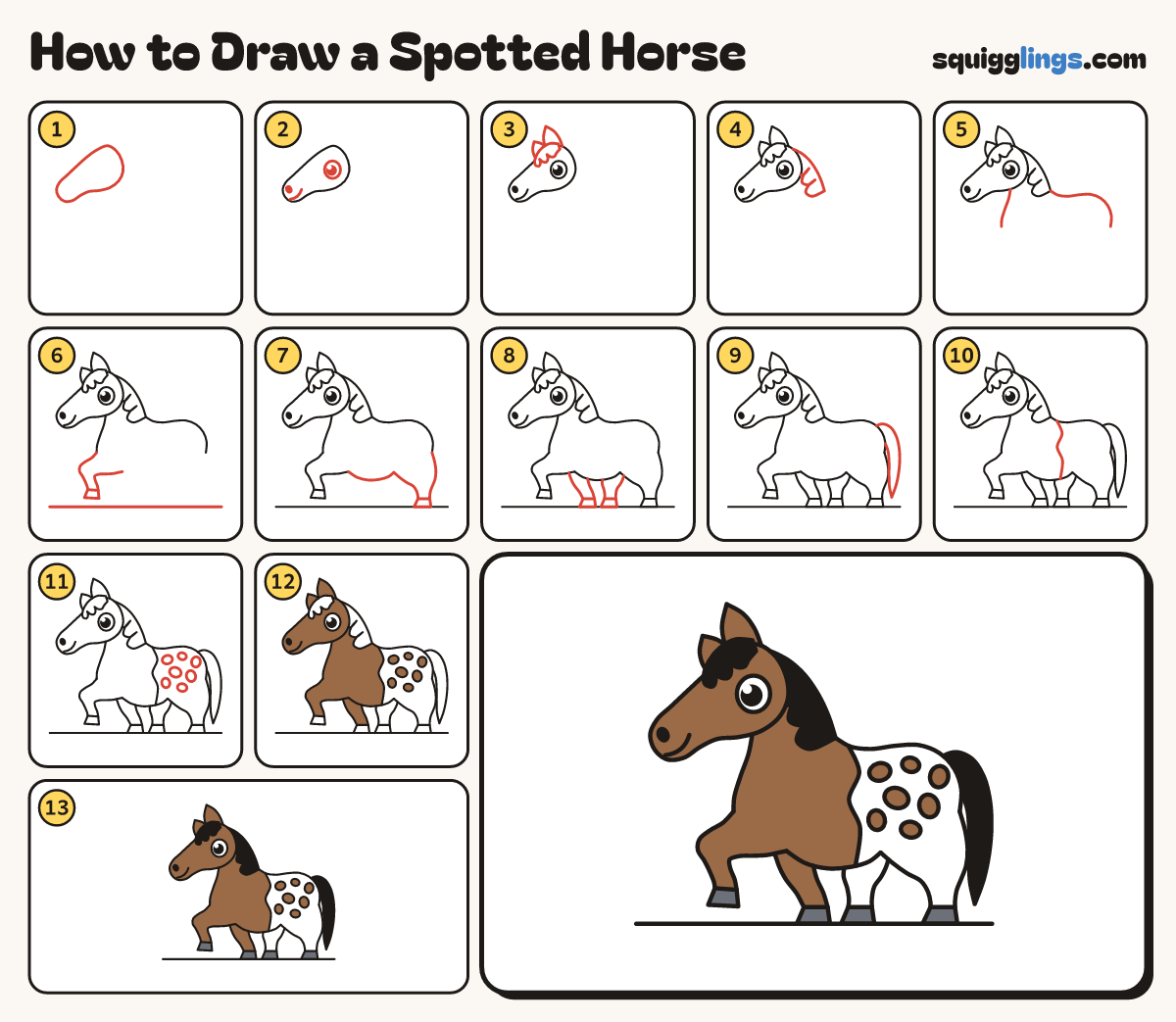 How to Draw a Spotted Horse step by step: all 13 steps in one picture
