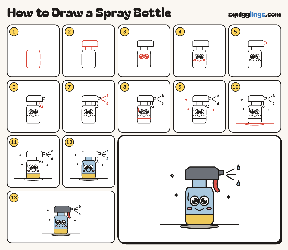 How to Draw a Spray Bottle step by step: all 13 steps in one picture