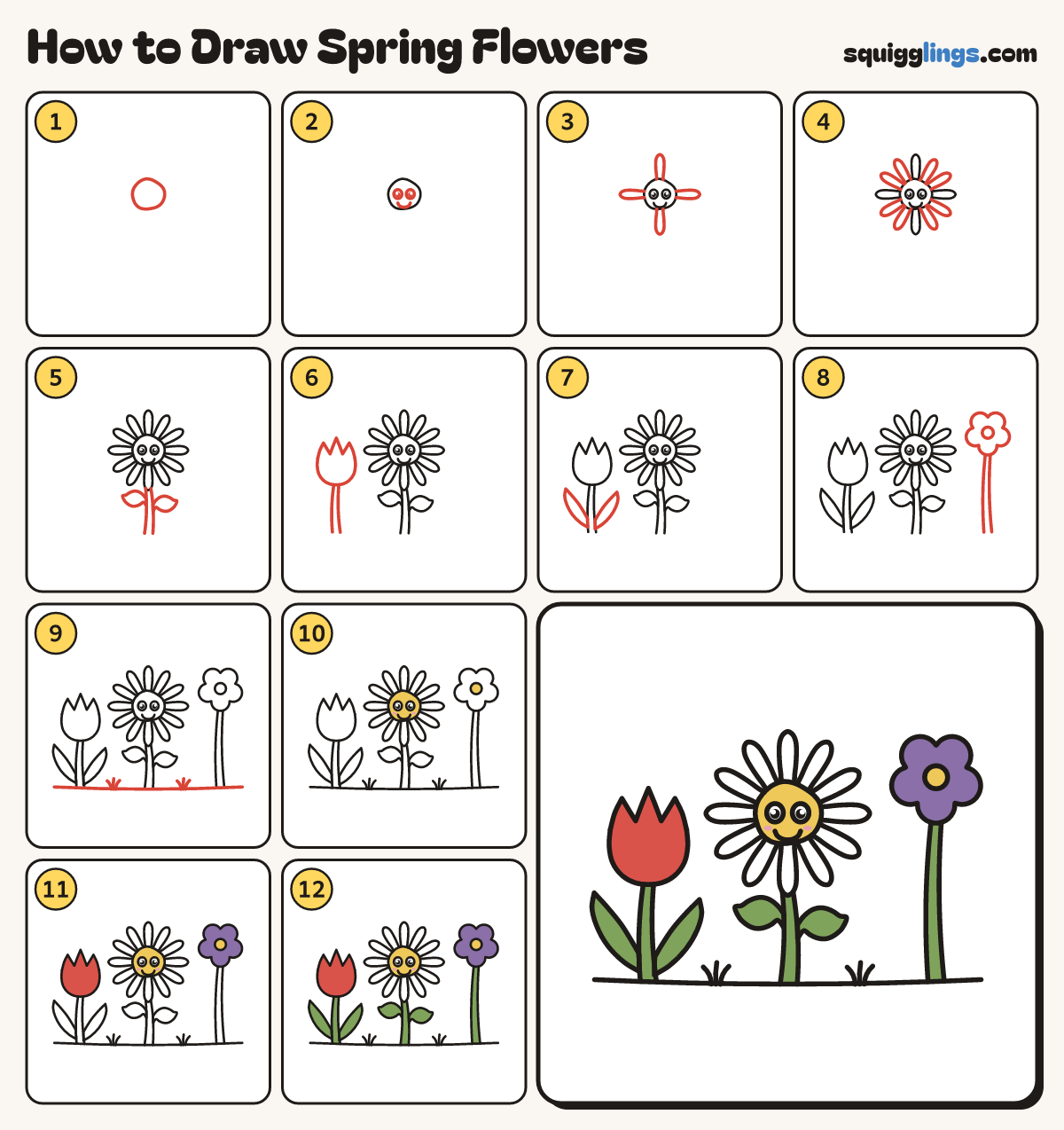 How to Draw Spring Flowers step by step: all 12 steps in one picture