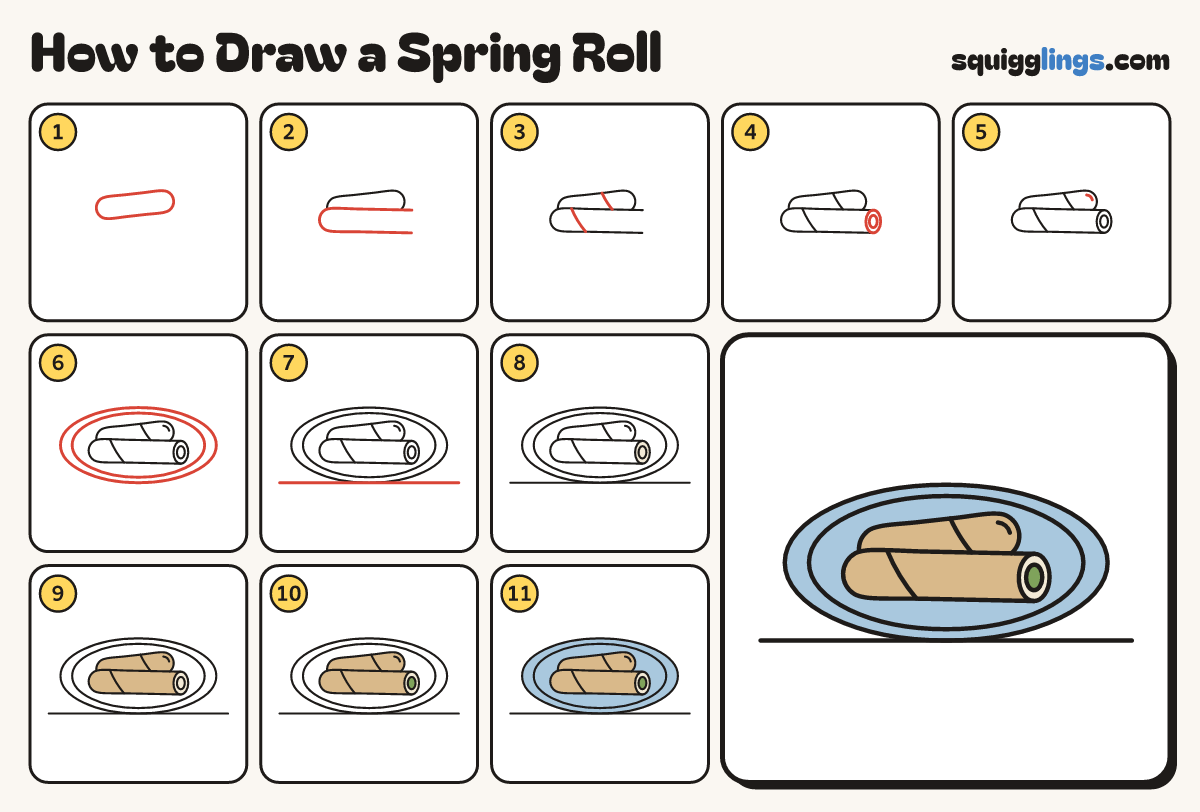 How to Draw a Spring Roll step by step: all 11 steps in one picture