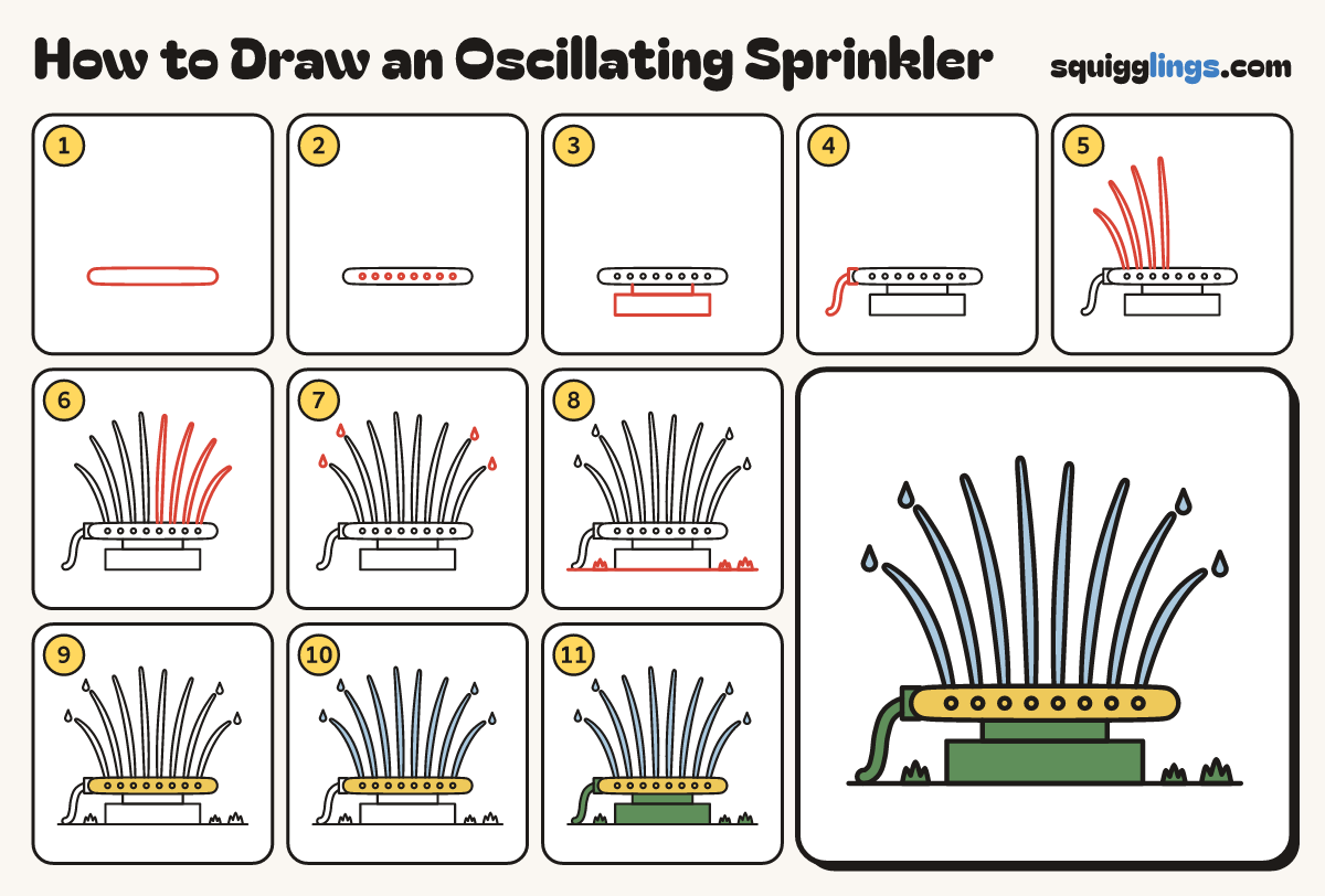 How to Draw an Oscillating Sprinkler step by step: all 11 steps in one picture
